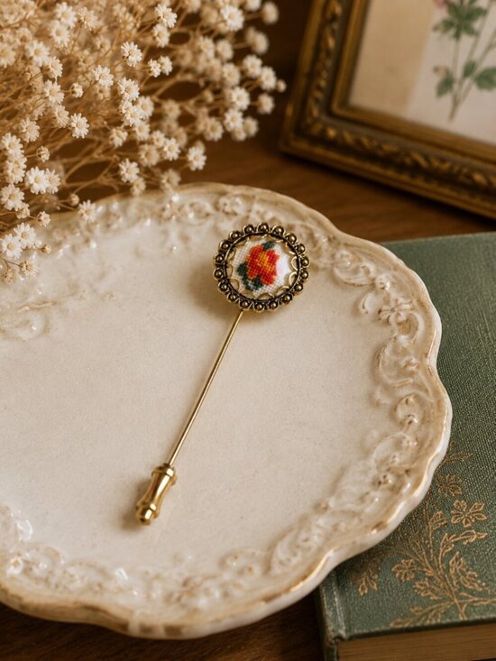 Accessories - Vintage Needlepoint Rose Stick Pin Brooch Gold Tone Floral Lapel Pin Cottagecore